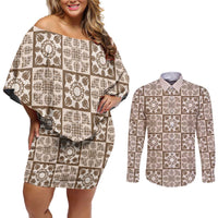 Beige Palaka Quilt Hawaii Couples Matching Off Shoulder Short Dress and Long Sleeve Button Shirt Hawaiian Tropical Monstera Sea Turtle