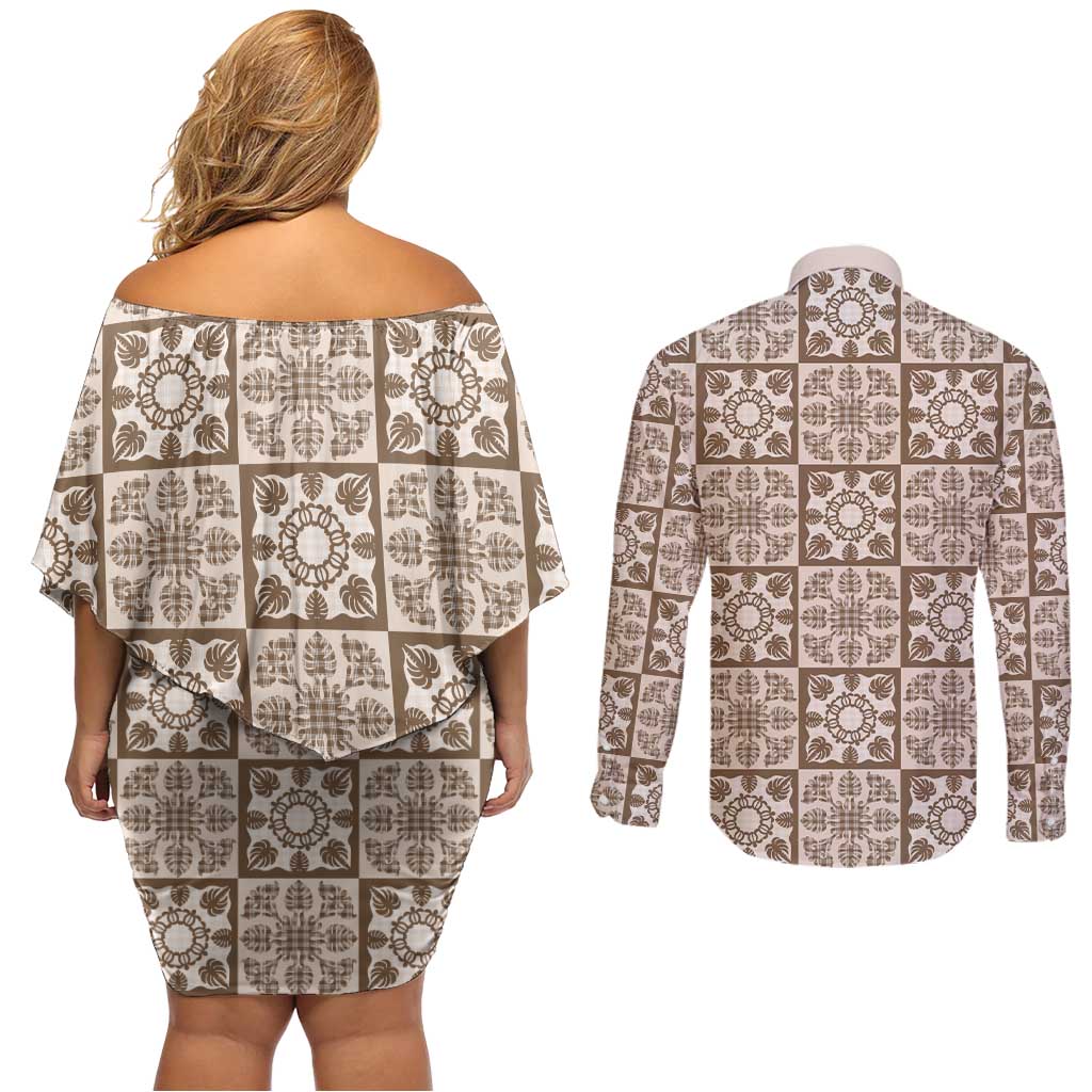 Beige Palaka Quilt Hawaii Couples Matching Off Shoulder Short Dress and Long Sleeve Button Shirt Hawaiian Tropical Monstera Sea Turtle