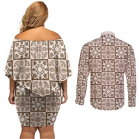 Beige Palaka Quilt Hawaii Couples Matching Off Shoulder Short Dress and Long Sleeve Button Shirt Hawaiian Tropical Monstera Sea Turtle