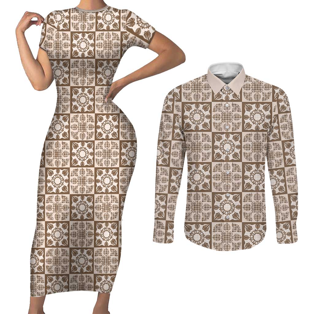 Beige Palaka Quilt Hawaii Couples Matching Short Sleeve Bodycon Dress and Long Sleeve Button Shirt Hawaiian Tropical Monstera Sea Turtle