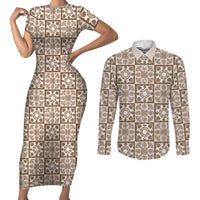 Beige Palaka Quilt Hawaii Couples Matching Short Sleeve Bodycon Dress and Long Sleeve Button Shirt Hawaiian Tropical Monstera Sea Turtle