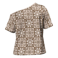 Beige Palaka Quilt Hawaii Cross Shoulder Shirt Hawaiian Tropical Monstera Sea Turtle LT14 - Polynesian Pride