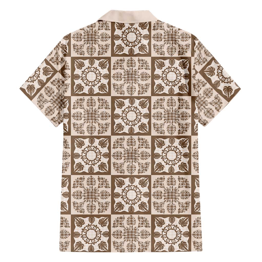 Beige Palaka Quilt Hawaii Family Matching Off The Shoulder Long Sleeve Dress and Hawaiian Shirt Hawaiian Tropical Monstera Sea Turtle