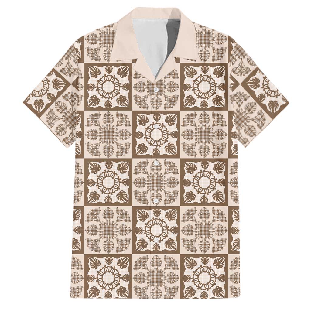 Beige Palaka Quilt Hawaii Family Matching Off Shoulder Maxi Dress and Hawaiian Shirt Hawaiian Tropical Monstera Sea Turtle LT14 Dad's Shirt - Short Sleeve Beige - Polynesian Pride