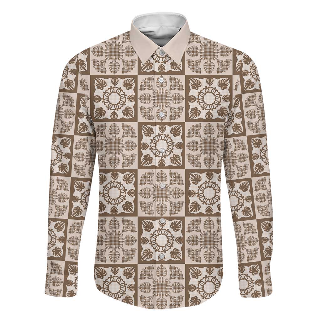 Beige Palaka Quilt Hawaii Family Matching Off Shoulder Short Dress and Hawaiian Shirt Hawaiian Tropical Monstera Sea Turtle LT14 Dad's Shirt - Long Sleeve Beige - Polynesian Pride