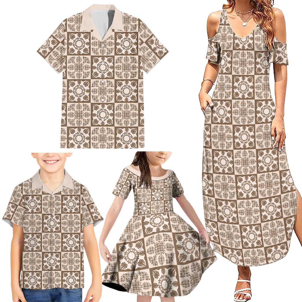 Beige Palaka Quilt Hawaii Family Matching Summer Maxi Dress and Hawaiian Shirt Hawaiian Tropical Monstera Sea Turtle