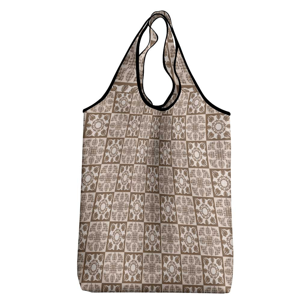 Beige Palaka Quilt Hawaii Grocery Bag Hawaiian Tropical Monstera Sea Turtle