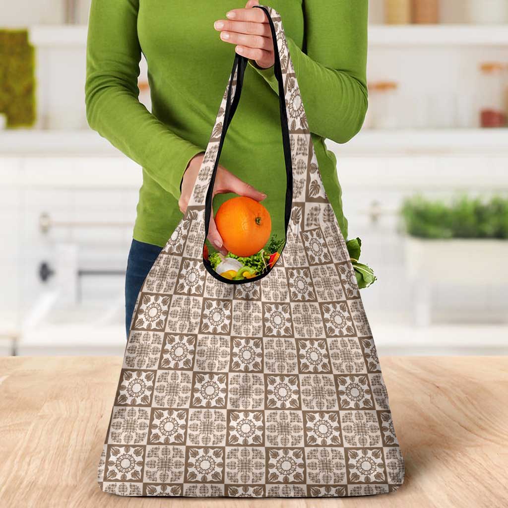 Beige Palaka Quilt Hawaii Grocery Bag Hawaiian Tropical Monstera Sea Turtle