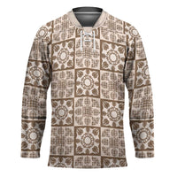 Beige Palaka Quilt Hawaii Hockey Jersey Hawaiian Tropical Monstera Sea Turtle