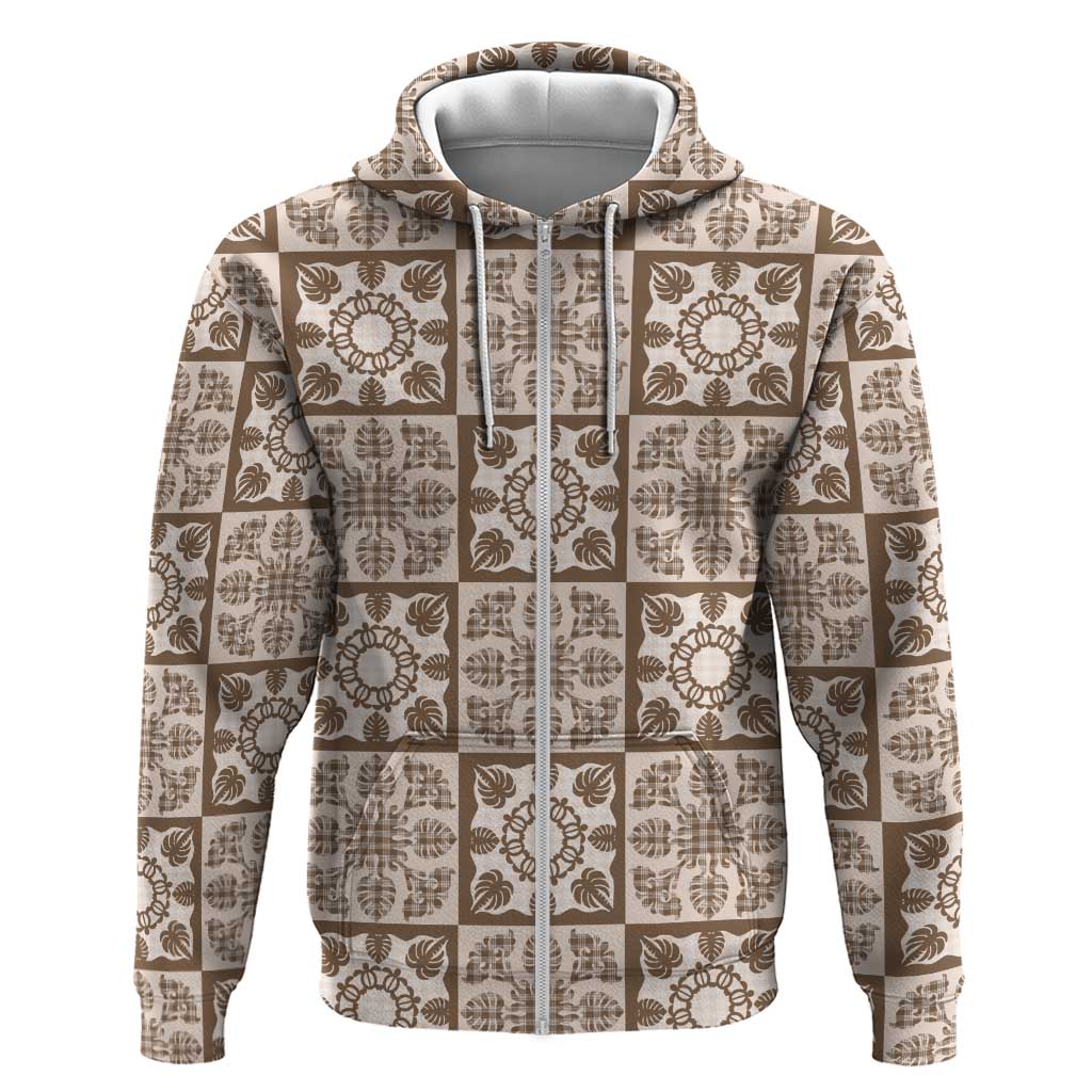 Beige Palaka Quilt Hawaii Hoodie Hawaiian Tropical Monstera Sea Turtle LT14 Zip Hoodie Beige - Polynesian Pride