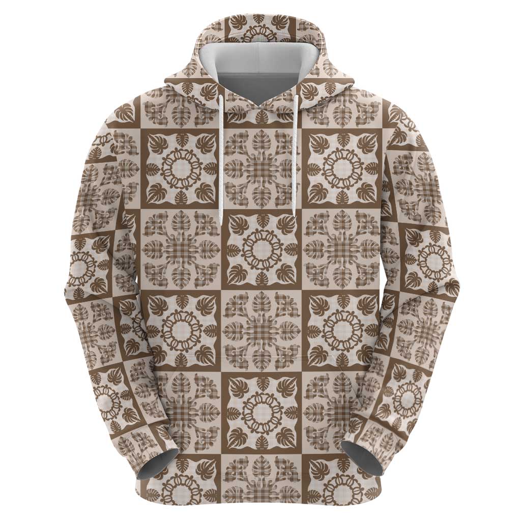 Beige Palaka Quilt Hawaii Hoodie Hawaiian Tropical Monstera Sea Turtle LT14 - Polynesian Pride