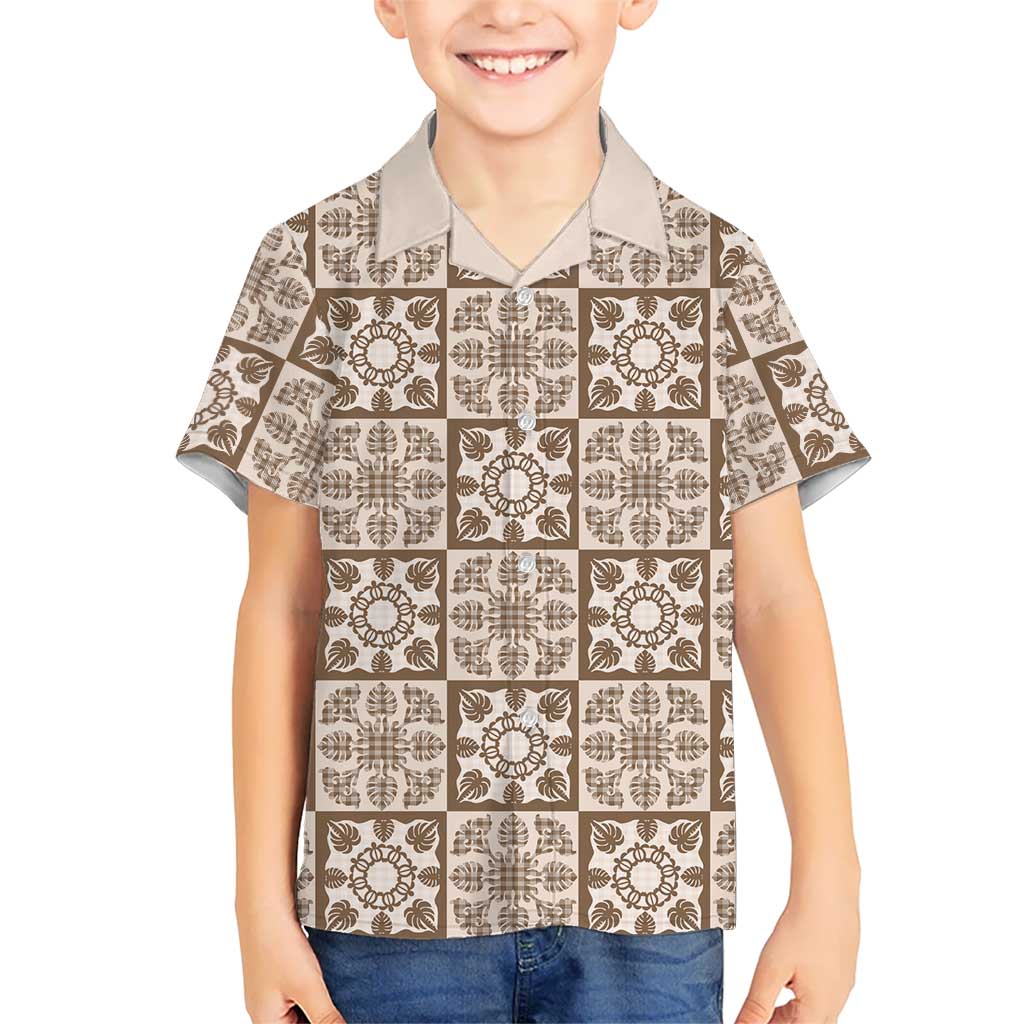 Beige Palaka Quilt Hawaii Kid Hawaiian Shirt Hawaiian Tropical Monstera Sea Turtle