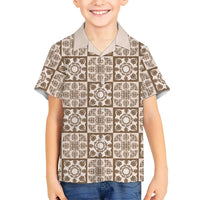 Beige Palaka Quilt Hawaii Kid Hawaiian Shirt Hawaiian Tropical Monstera Sea Turtle LT14 Kid Beige - Polynesian Pride