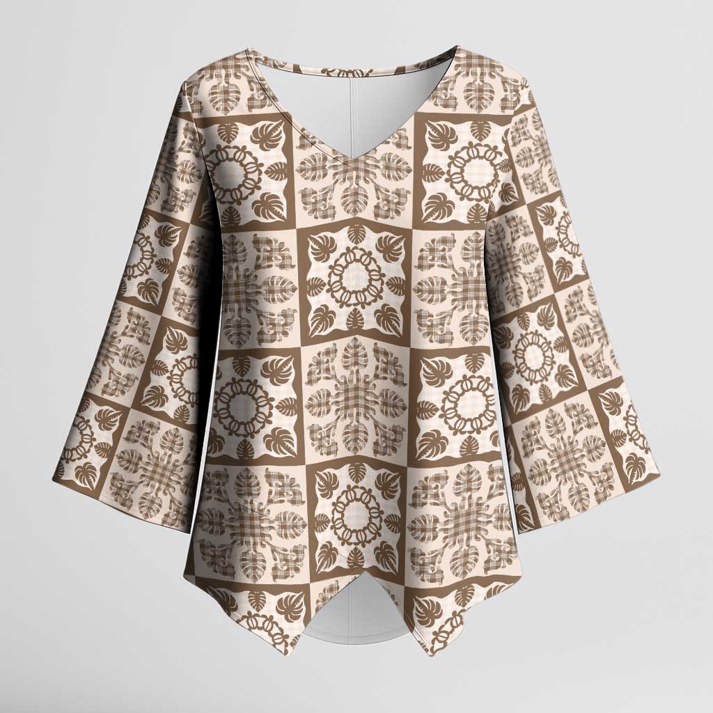 Beige Palaka Quilt Hawaii Kimono Sleeve Blouse Hawaiian Tropical Monstera Sea Turtle LT14 Female Beige - Polynesian Pride