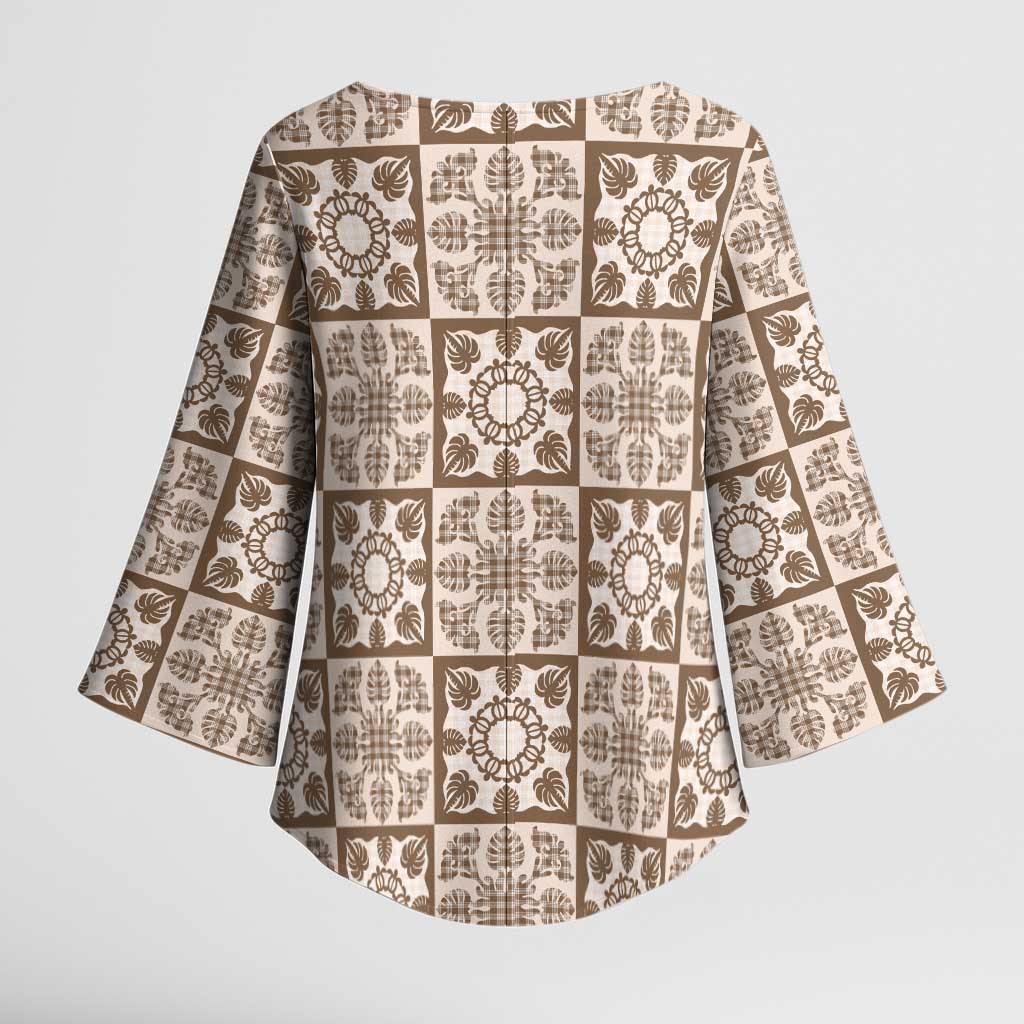 Beige Palaka Quilt Hawaii Kimono Sleeve Blouse Hawaiian Tropical Monstera Sea Turtle LT14 - Polynesian Pride