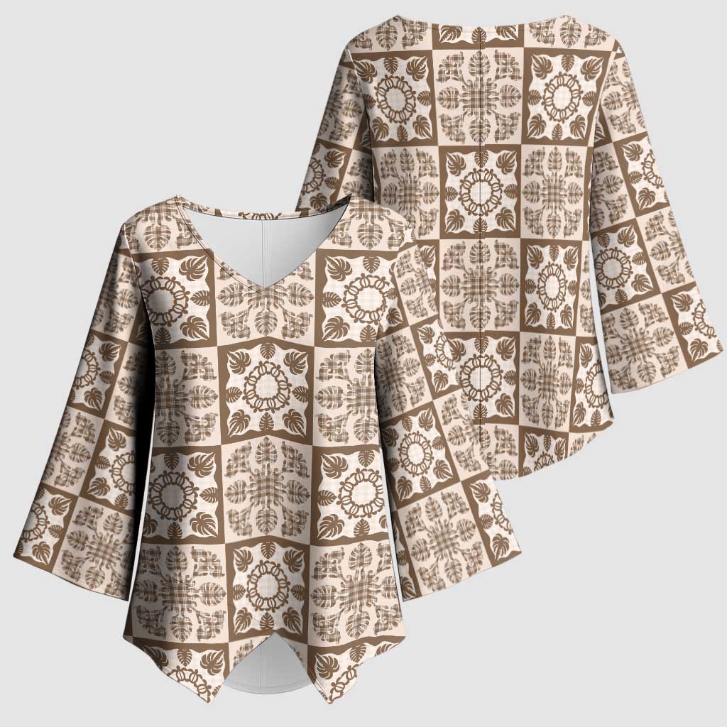 Beige Palaka Quilt Hawaii Kimono Sleeve Blouse Hawaiian Tropical Monstera Sea Turtle LT14 - Polynesian Pride