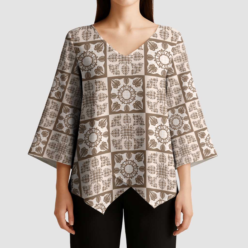 Beige Palaka Quilt Hawaii Kimono Sleeve Blouse Hawaiian Tropical Monstera Sea Turtle LT14 - Polynesian Pride