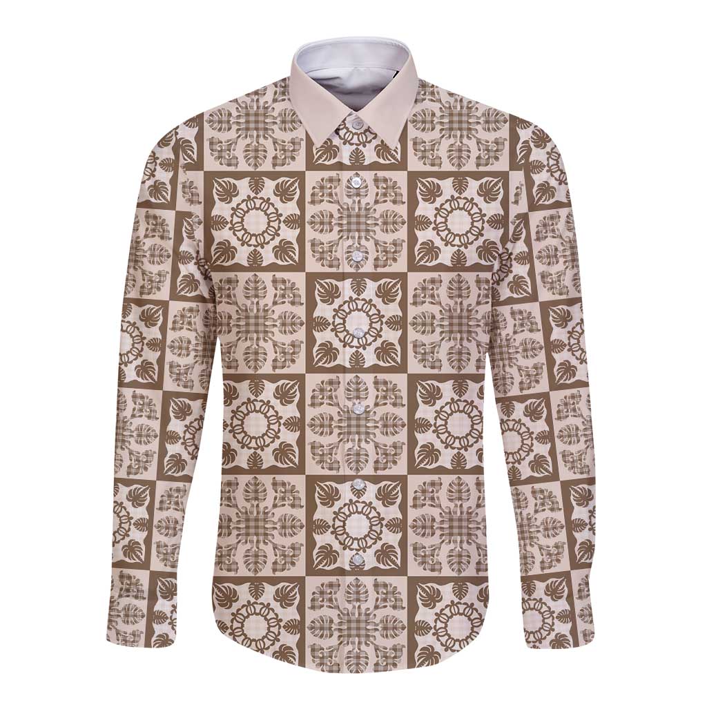 Beige Palaka Quilt Hawaii Long Sleeve Button Shirt Hawaiian Tropical Monstera Sea Turtle