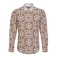 Beige Palaka Quilt Hawaii Long Sleeve Button Shirt Hawaiian Tropical Monstera Sea Turtle