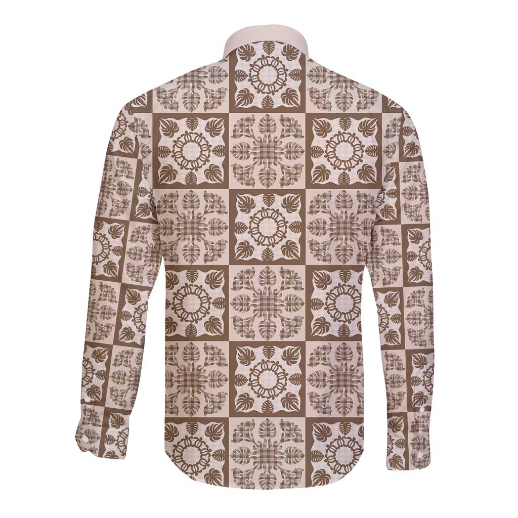 Beige Palaka Quilt Hawaii Long Sleeve Button Shirt Hawaiian Tropical Monstera Sea Turtle