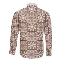 Beige Palaka Quilt Hawaii Long Sleeve Button Shirt Hawaiian Tropical Monstera Sea Turtle