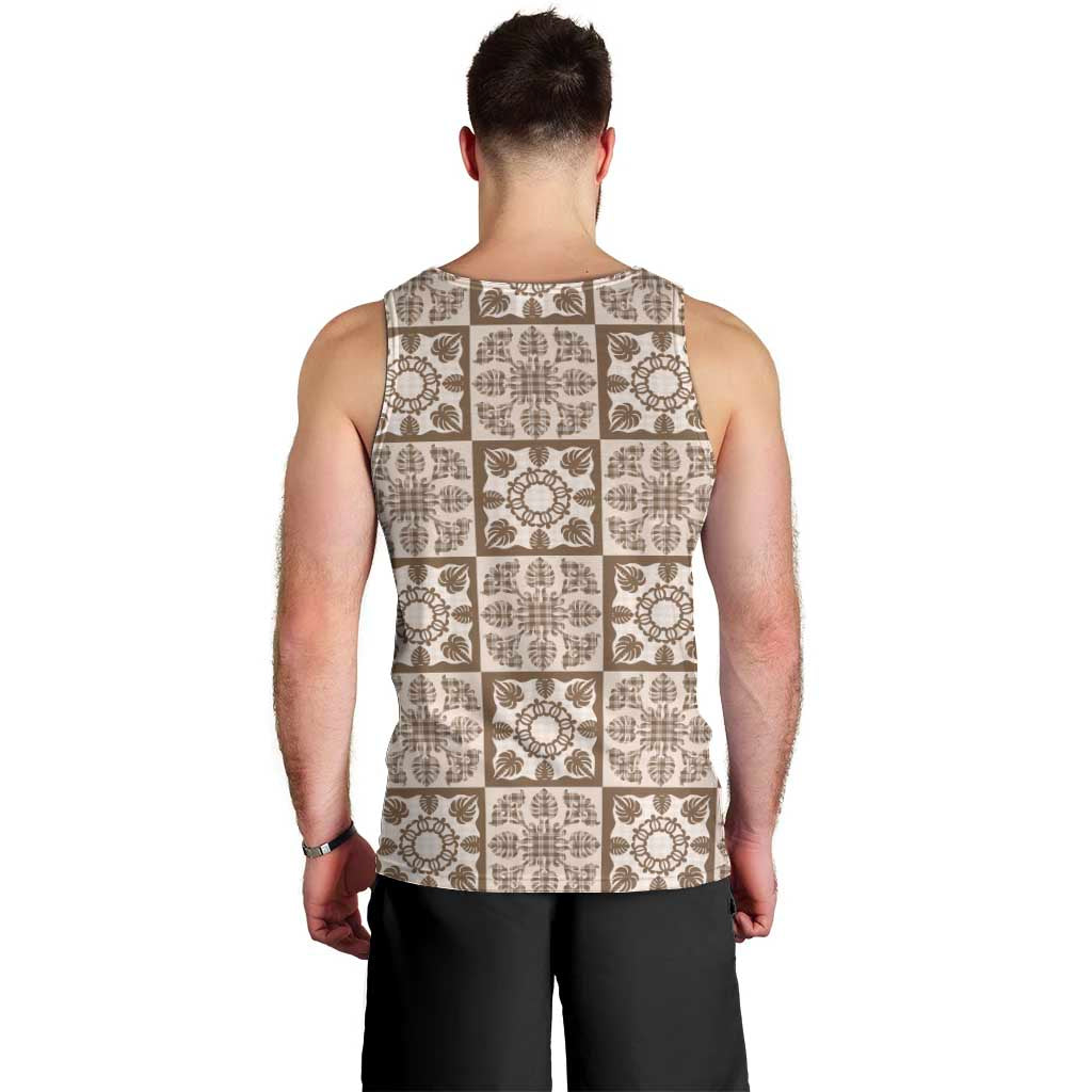 Beige Palaka Quilt Hawaii Men Tank Top Hawaiian Tropical Monstera Sea Turtle