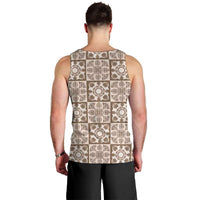 Beige Palaka Quilt Hawaii Men Tank Top Hawaiian Tropical Monstera Sea Turtle
