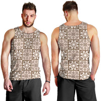 Beige Palaka Quilt Hawaii Men Tank Top Hawaiian Tropical Monstera Sea Turtle
