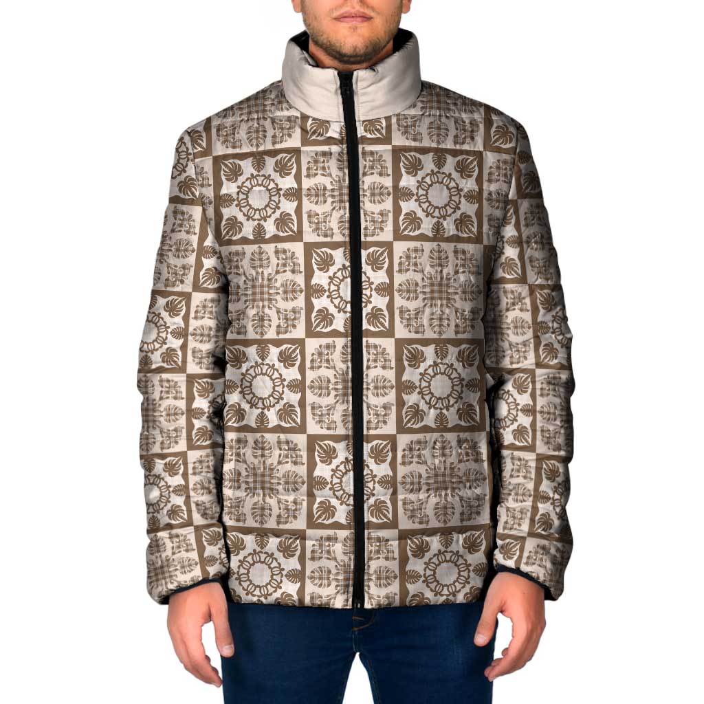 Beige Palaka Quilt Hawaii Padded Jacket Hawaiian Tropical Monstera Sea Turtle