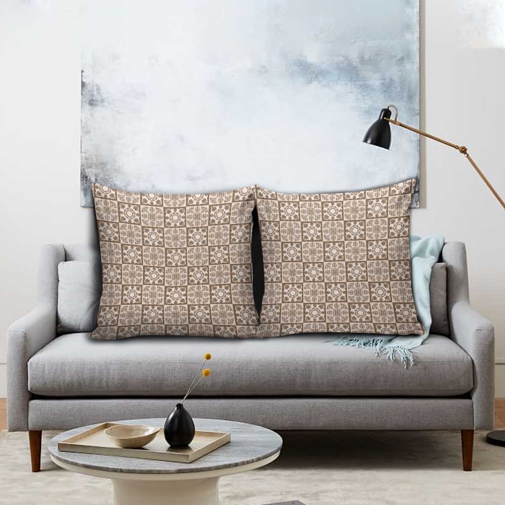 Beige Palaka Quilt Hawaii Pillow Cover Hawaiian Tropical Monstera Sea Turtle