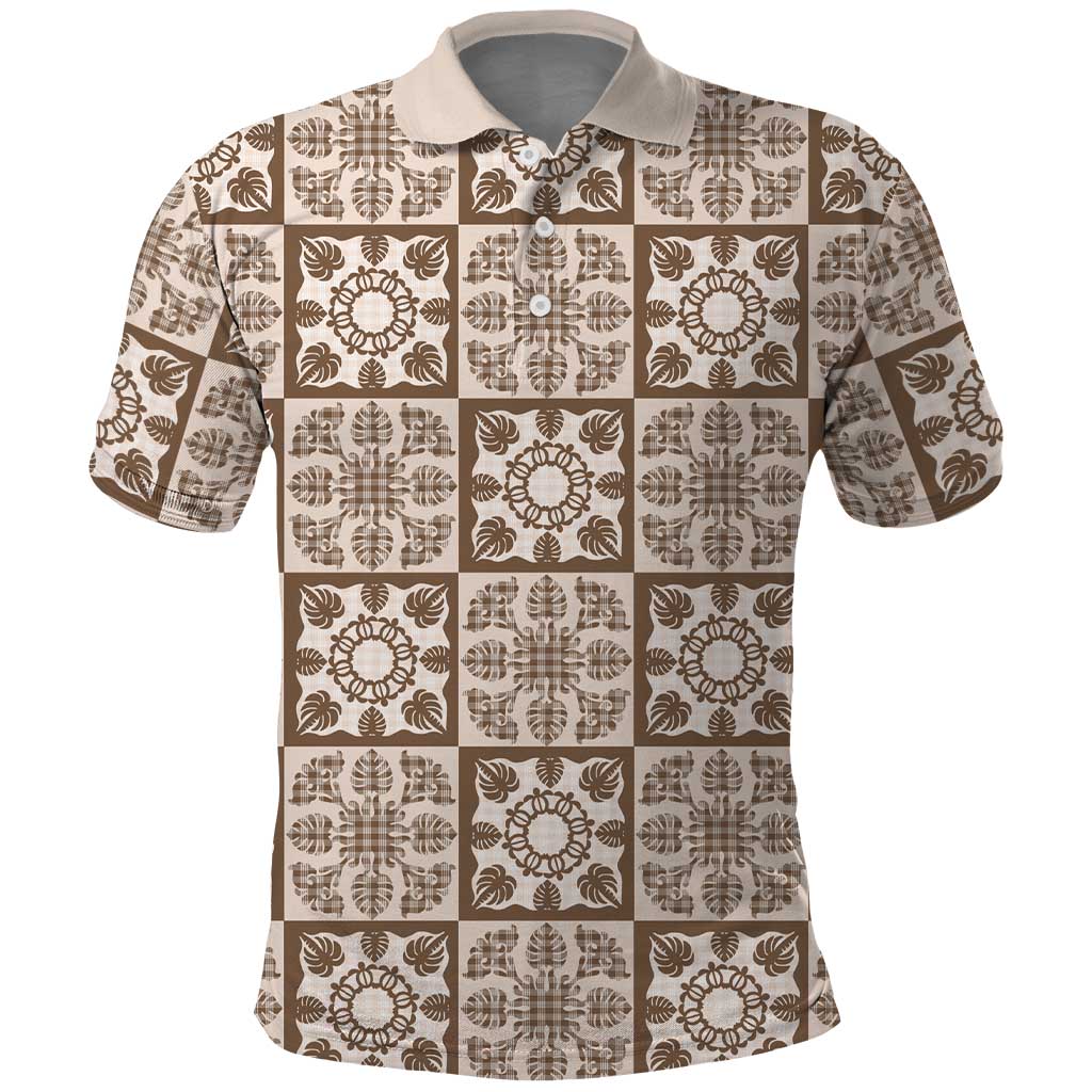Beige Palaka Quilt Hawaii Polo Shirt Hawaiian Tropical Monstera Sea Turtle