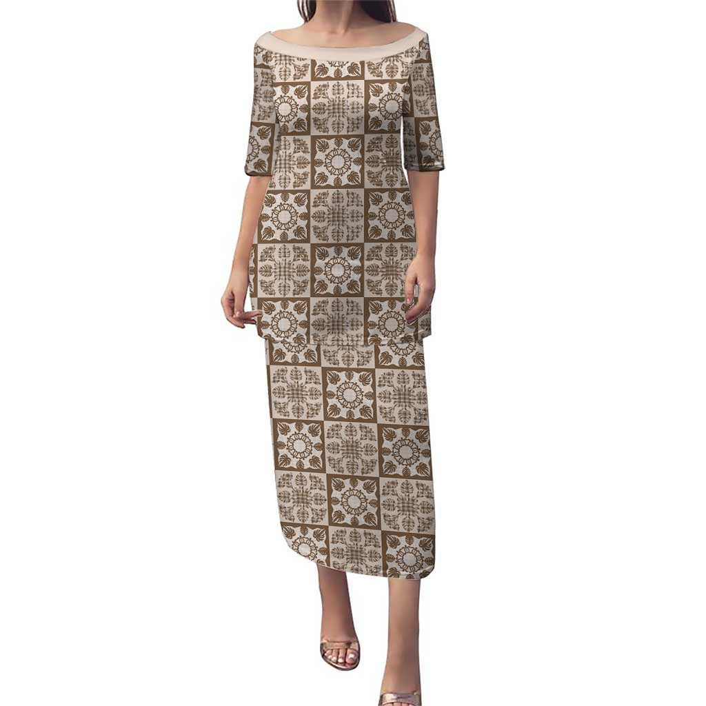 Beige Palaka Quilt Hawaii Puletasi Hawaiian Tropical Monstera Sea Turtle LT14 Long Dress Beige - Polynesian Pride