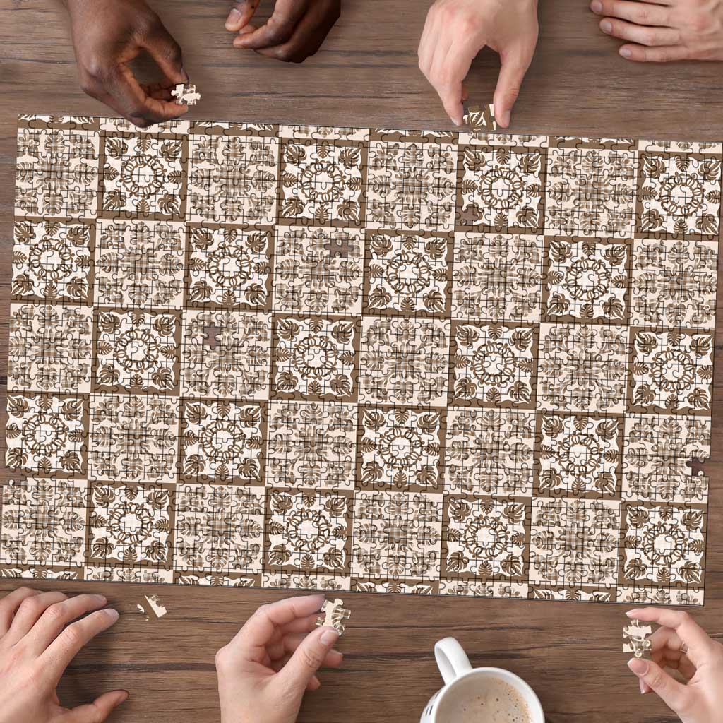 Beige Palaka Quilt Hawaii Puzzle Hawaiian Tropical Monstera Sea Turtle