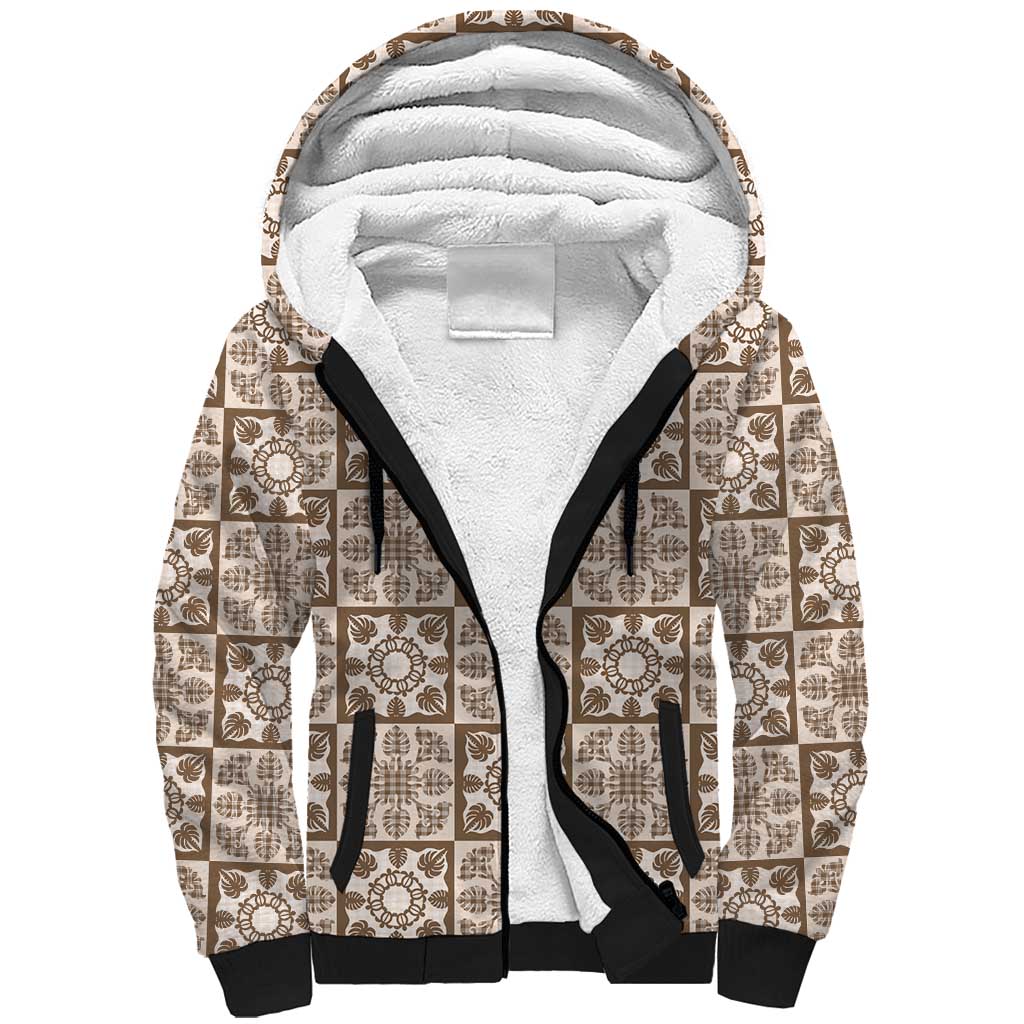 Beige Palaka Quilt Hawaii Sherpa Hoodie Hawaiian Tropical Monstera Sea Turtle LT14 Unisex Beige - Polynesian Pride