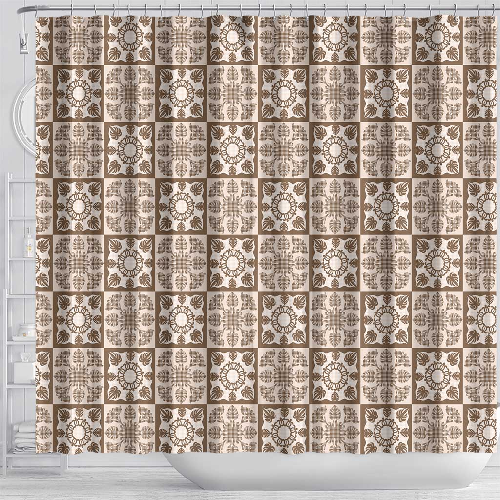 Beige Palaka Quilt Hawaii Shower Curtain Hawaiian Tropical Monstera Sea Turtle
