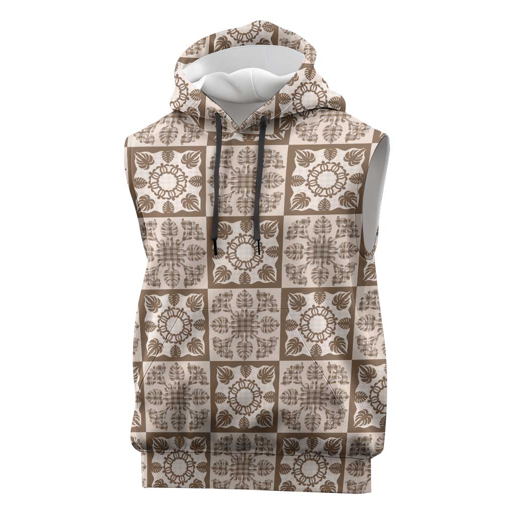 Beige Palaka Quilt Hawaii Sleeveless Hoodie Hawaiian Tropical Monstera Sea Turtle