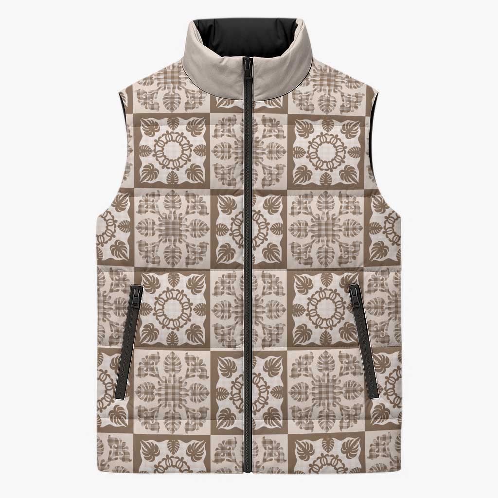 Beige Palaka Quilt Hawaii Sleeveless Puffer Jacket Hawaiian Tropical Monstera Sea Turtle