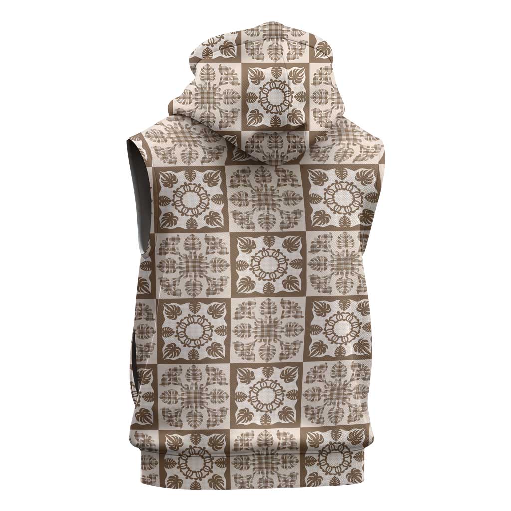 Beige Palaka Quilt Hawaii Sleeveless Zip Hoodie Hawaiian Tropical Monstera Sea Turtle LT14 - Polynesian Pride