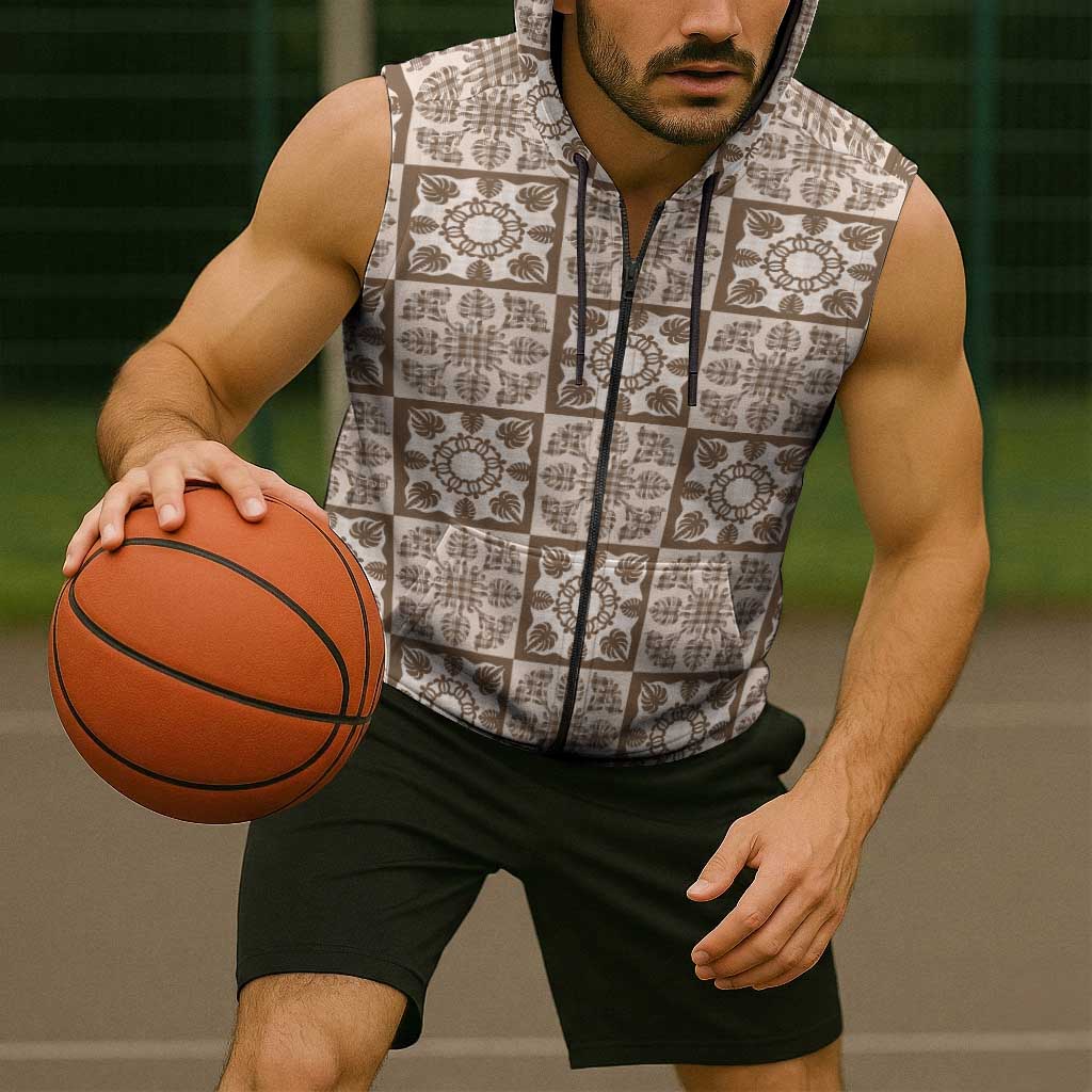 Beige Palaka Quilt Hawaii Sleeveless Zip Hoodie Hawaiian Tropical Monstera Sea Turtle LT14 - Polynesian Pride