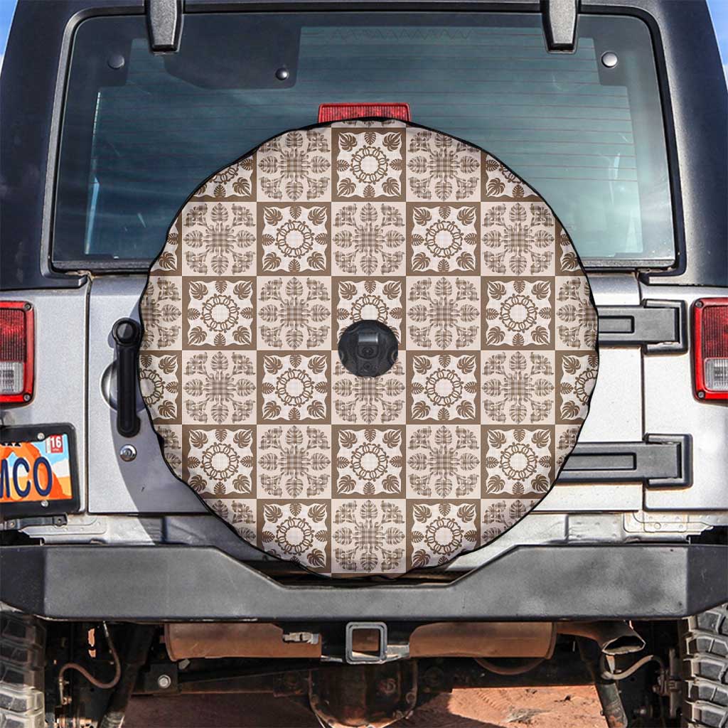 Beige Palaka Quilt Hawaii Spare Tire Cover Hawaiian Tropical Monstera Sea Turtle
