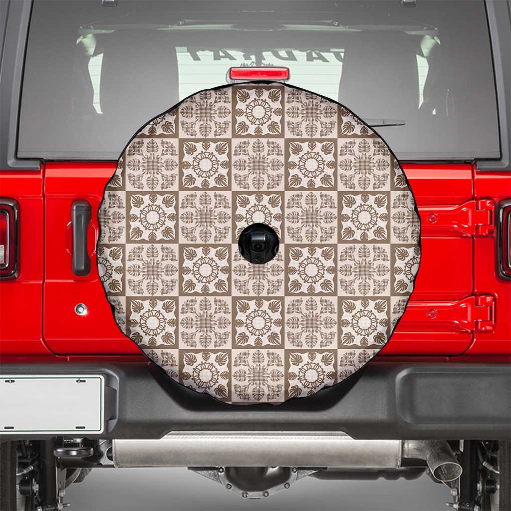 Beige Palaka Quilt Hawaii Spare Tire Cover Hawaiian Tropical Monstera Sea Turtle