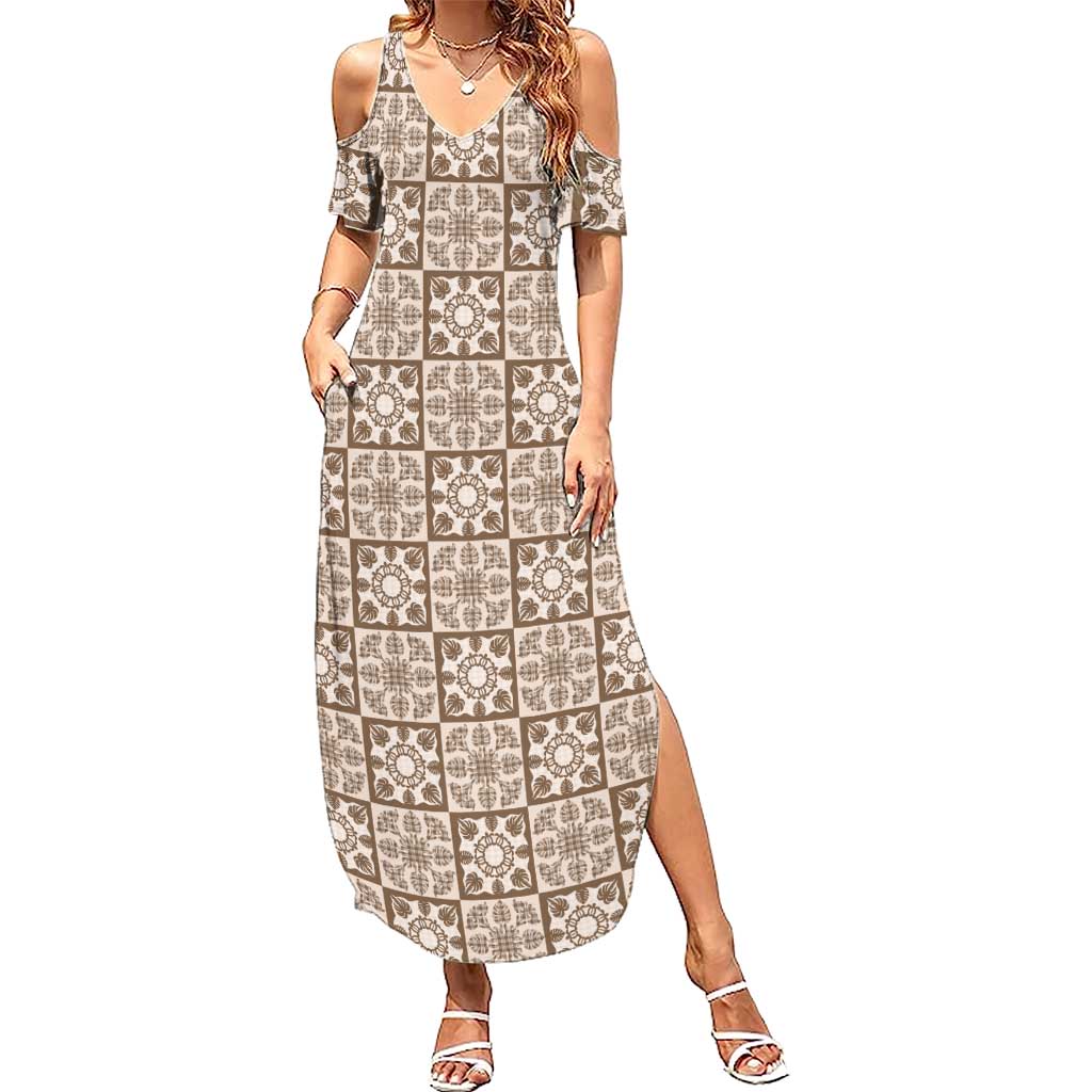 Beige Palaka Quilt Hawaii Summer Maxi Dress Hawaiian Tropical Monstera Sea Turtle LT14 Women Beige - Polynesian Pride
