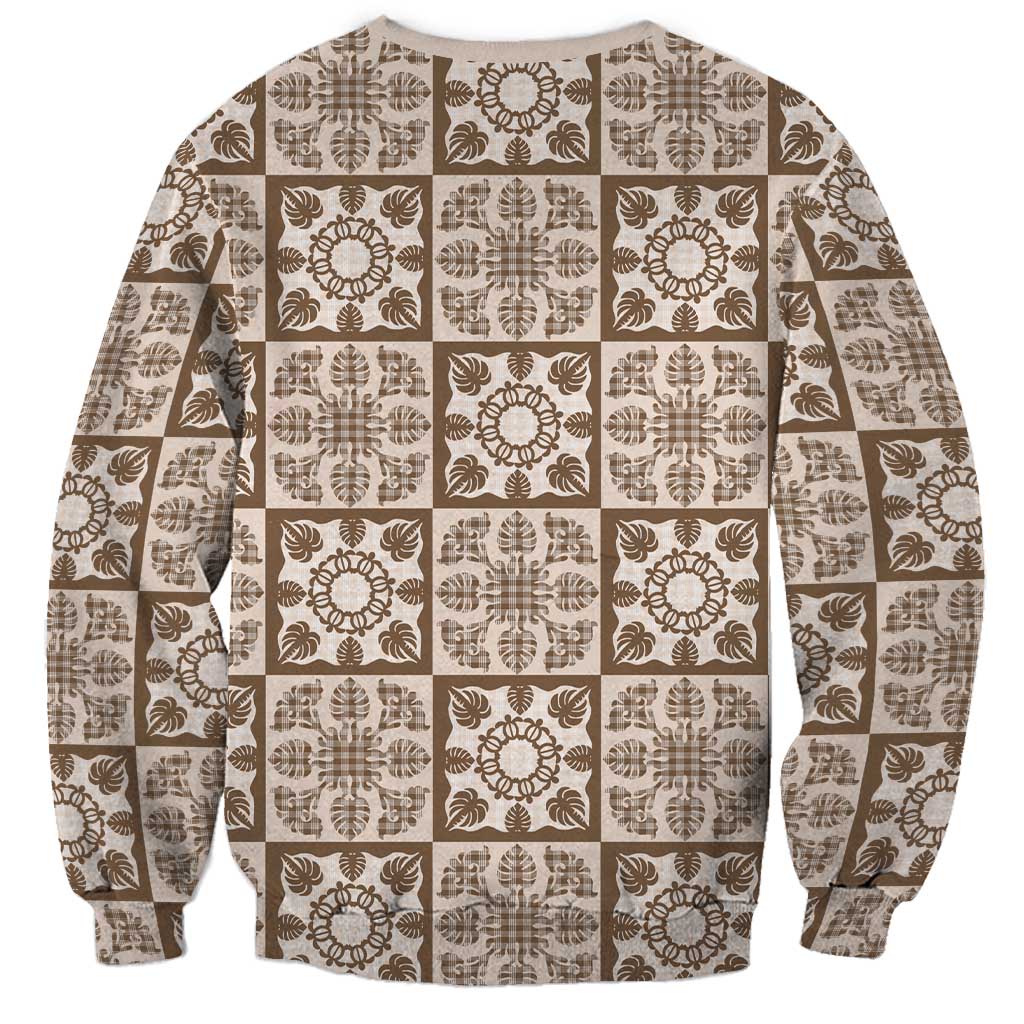 Beige Palaka Quilt Hawaii Sweatshirt Hawaiian Tropical Monstera Sea Turtle