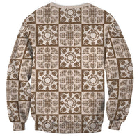 Beige Palaka Quilt Hawaii Sweatshirt Hawaiian Tropical Monstera Sea Turtle