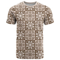 Beige Palaka Quilt Hawaii T Shirt Hawaiian Tropical Monstera Sea Turtle