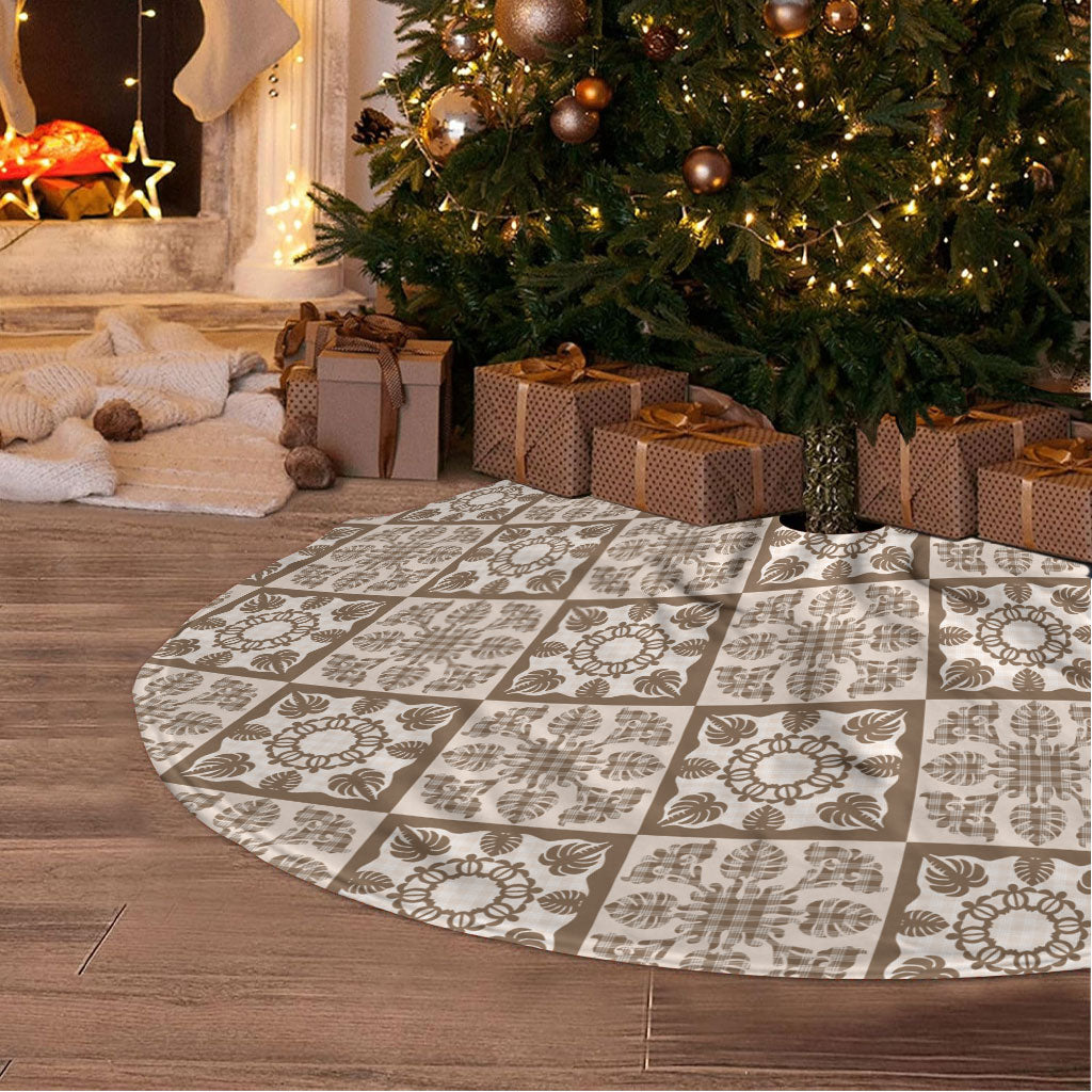 Beige Palaka Quilt Hawaii Tree Skirt Hawaiian Tropical Monstera Sea Turtle