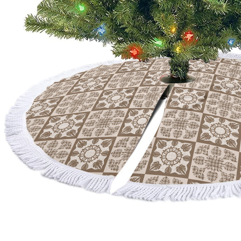 Beige Palaka Quilt Hawaii Tree Skirt Hawaiian Tropical Monstera Sea Turtle