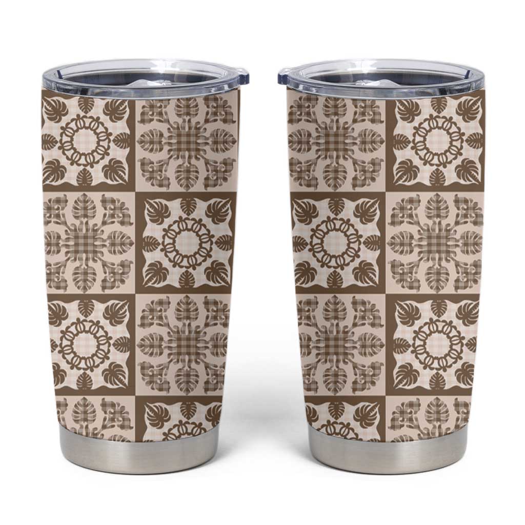 Beige Palaka Quilt Hawaii Tumbler Cup Hawaiian Tropical Monstera Sea Turtle