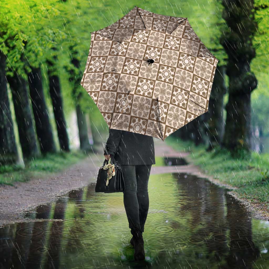 Beige Palaka Quilt Hawaii Umbrella Hawaiian Tropical Monstera Sea Turtle LT14 - Polynesian Pride