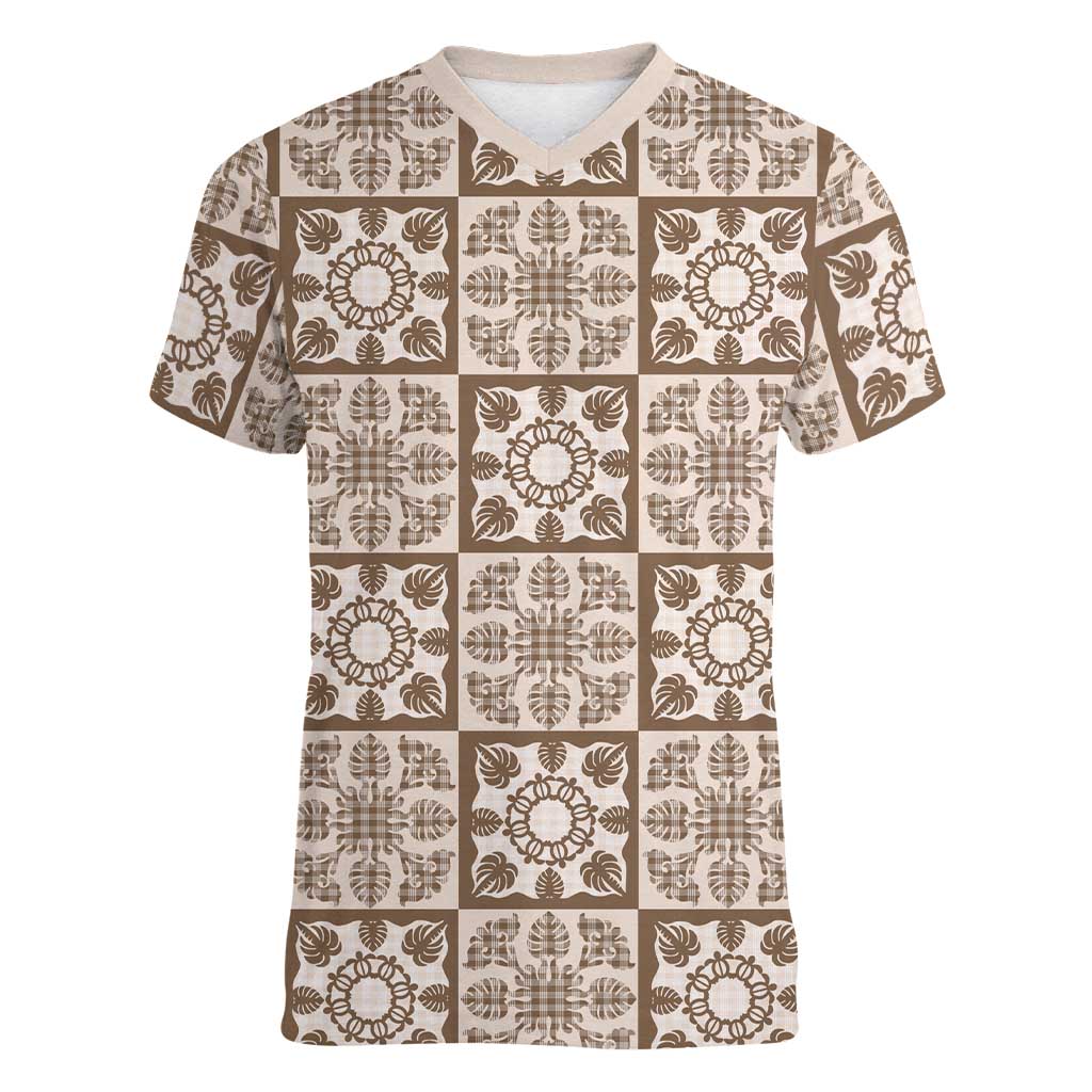 Beige Palaka Quilt Hawaii Women V-Neck T-Shirt Hawaiian Tropical Monstera Sea Turtle